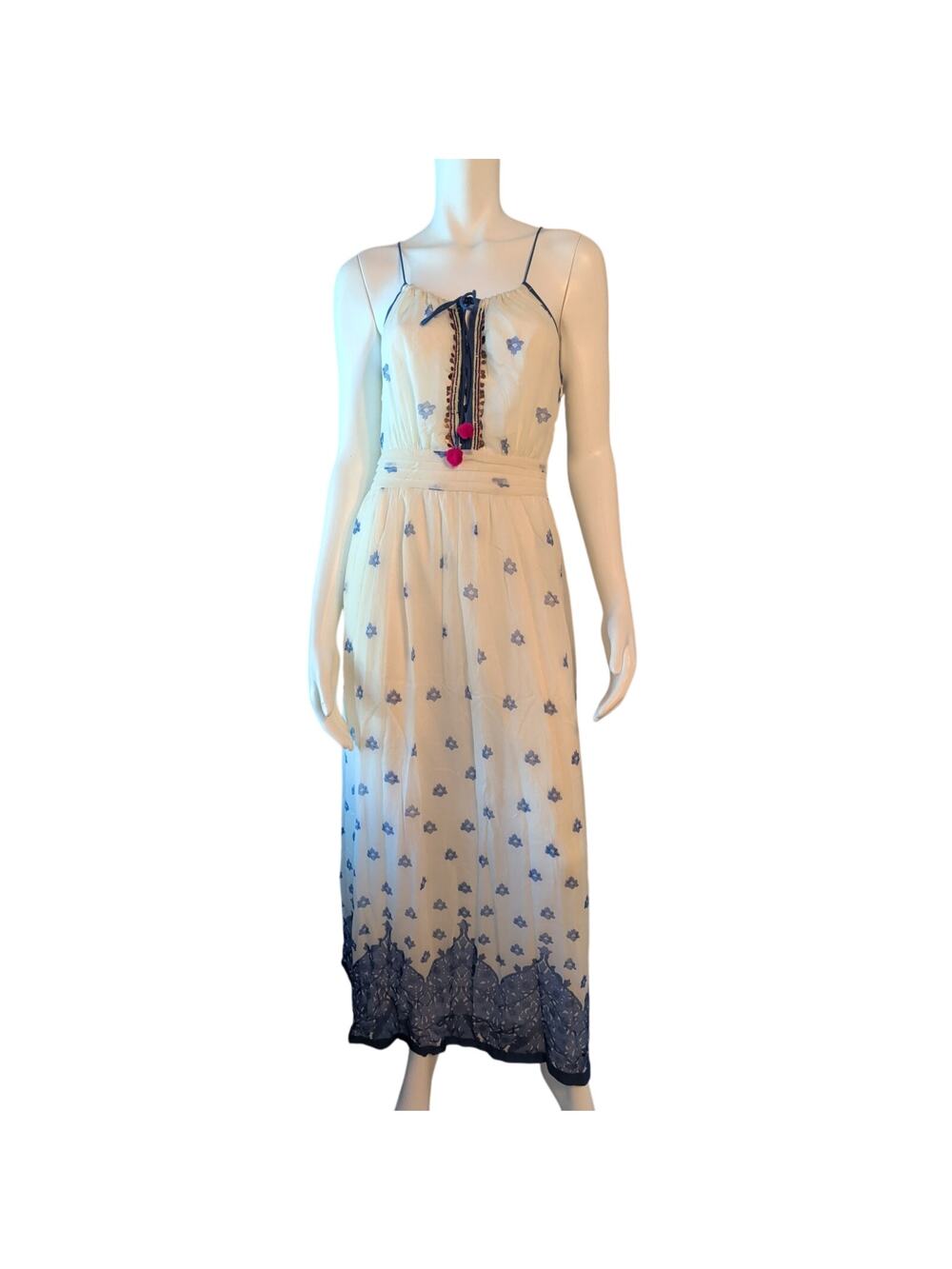VTG Mango Bohemian Maxi Dress Lightweight White Chiffon Blue Floral Size Small